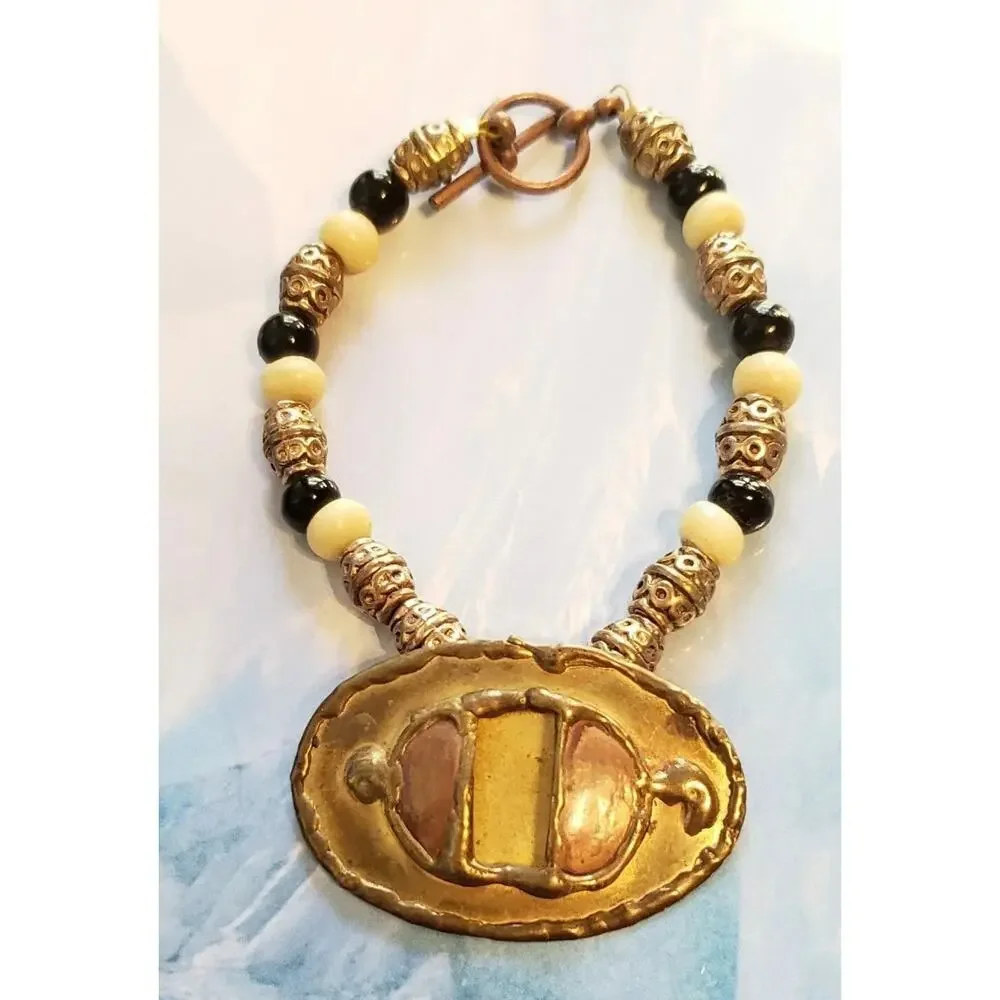 Vintage Brutalist Bracelet- Beaded Copper &‎ Brass Statement Bracelet gbr-7